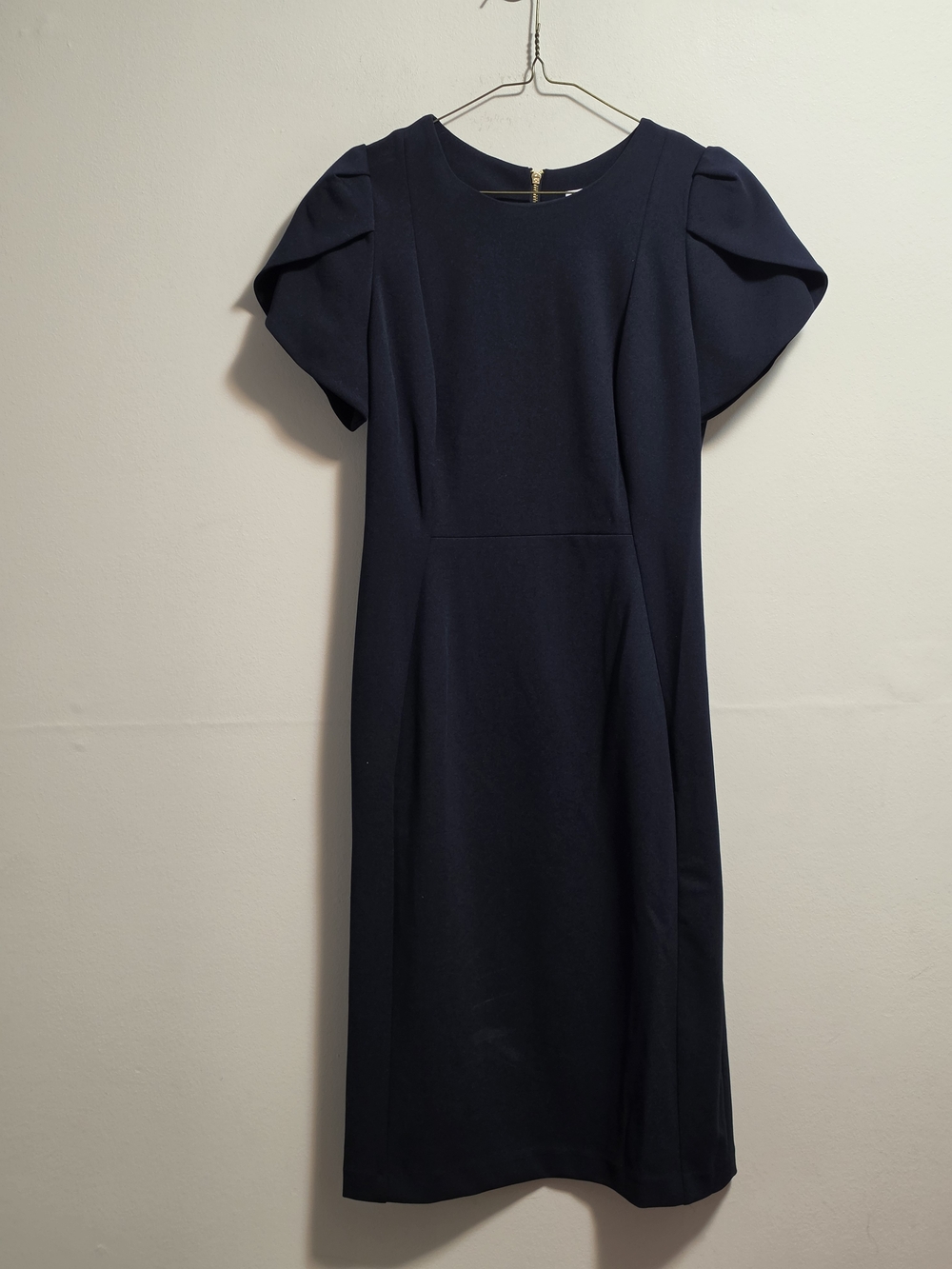 Calvin Klein Navy Puff-Sleeve Midi Sheath Dress